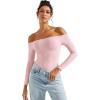 imageSUUKSESS Women Off the Shoulder Long Sleeve Bodysuit Double Lined Thong BodysuitBaby Pink