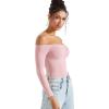 imageSUUKSESS Women Off the Shoulder Long Sleeve Bodysuit Double Lined Thong BodysuitBaby Pink
