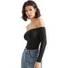 imageSUUKSESS Women Off the Shoulder Long Sleeve Bodysuit Double Lined Thong BodysuitBlack