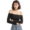 imageSUUKSESS Women Off the Shoulder Long Sleeve Bodysuit Double Lined Thong BodysuitBlack