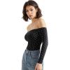 imageSUUKSESS Women Off the Shoulder Long Sleeve Bodysuit Double Lined Thong BodysuitBlack Polka Dots