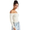 imageSUUKSESS Women Off the Shoulder Long Sleeve Bodysuit Double Lined Thong BodysuitCream White