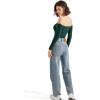 imageSUUKSESS Women Off the Shoulder Long Sleeve Bodysuit Double Lined Thong BodysuitDark Green