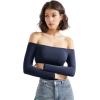 imageSUUKSESS Women Off the Shoulder Long Sleeve Bodysuit Double Lined Thong BodysuitNavy Blue