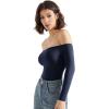 imageSUUKSESS Women Off the Shoulder Long Sleeve Bodysuit Double Lined Thong BodysuitNavy Blue