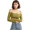 imageSUUKSESS Women Off the Shoulder Long Sleeve Bodysuit Double Lined Thong BodysuitOlive