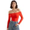 imageSUUKSESS Women Off the Shoulder Long Sleeve Bodysuit Double Lined Thong BodysuitRed