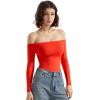 imageSUUKSESS Women Off the Shoulder Long Sleeve Bodysuit Double Lined Thong BodysuitRed