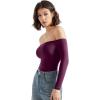 imageSUUKSESS Women Off the Shoulder Long Sleeve Bodysuit Double Lined Thong BodysuitViolet