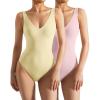 imageSUUKSESS Women 2 Piece Thong Bodysuit Sexy V Neck Backless Sleeveless Tank TopsPack Yellowpink