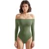 imageSUUKSESS Women Off the Shoulder Long Sleeve Bodysuit Double Lined Thong BodysuitArmy Green