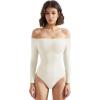 imageSUUKSESS Women Off the Shoulder Long Sleeve Bodysuit Double Lined Thong BodysuitCream White