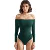 imageSUUKSESS Women Off the Shoulder Long Sleeve Bodysuit Double Lined Thong BodysuitDark Green