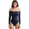 imageSUUKSESS Women Off the Shoulder Long Sleeve Bodysuit Double Lined Thong BodysuitNavy Blue