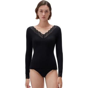imageSUUKSESS Cloud Cashmere Women Basic Tops V Boat Neck Lace Long Sleeve ShirtBlack