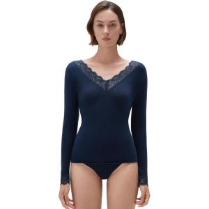 imageSUUKSESS Cloud Cashmere Women Basic Tops V Boat Neck Lace Long Sleeve ShirtNavy Blue