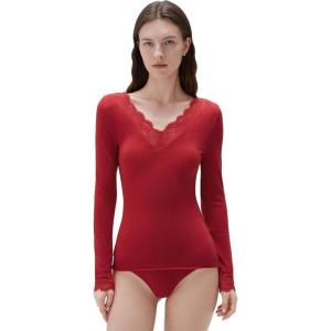 imageSUUKSESS Cloud Cashmere Women Basic Tops V Boat Neck Lace Long Sleeve ShirtRed