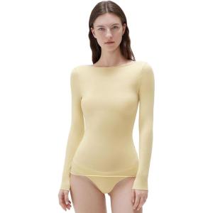 imageSUUKSESS Cloud Cashmere Women Boat Neck Fitted Long Sleeve Shirt Basic Knit TopsButter Yellow