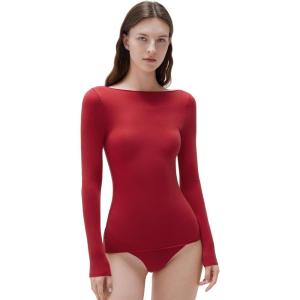 imageSUUKSESS Cloud Cashmere Women Boat Neck Fitted Long Sleeve Shirt Basic Knit TopsRed