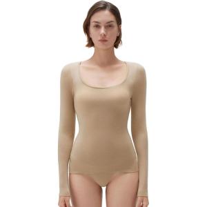 imageSUUKSESS Cloud Cashmere Women Scoop Neck Fitted Long Sleeve Shirt Basic Knit TopsApricot