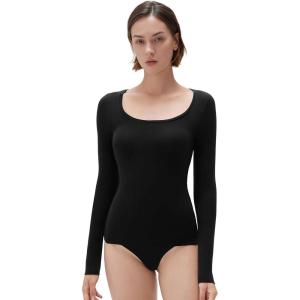 imageSUUKSESS Cloud Cashmere Women Scoop Neck Fitted Long Sleeve Shirt Basic Knit TopsBlack