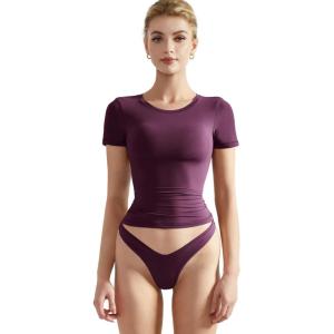 imageSUUKSESS Women Double Lined Fitted Basic Tee Crew Neck Short Sleeve Y2K Crop TopPlum