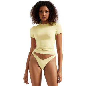 imageSUUKSESS Women Double Lined Fitted Basic Tee Crew Neck Short Sleeve Y2K Crop TopYellow