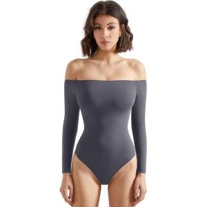 imageSUUKSESS Women Off the Shoulder Long Sleeve Bodysuit Double Lined Thong BodysuitAsh