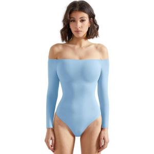 imageSUUKSESS Women Off the Shoulder Long Sleeve Bodysuit Double Lined Thong BodysuitBaby Blue