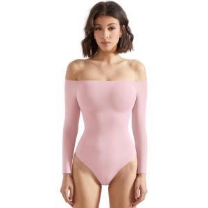 imageSUUKSESS Women Off the Shoulder Long Sleeve Bodysuit Double Lined Thong BodysuitBaby Pink