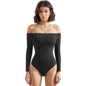 imageSUUKSESS Women Off the Shoulder Long Sleeve Bodysuit Double Lined Thong BodysuitBlack Polka Dots