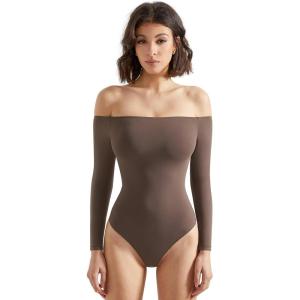 imageSUUKSESS Women Off the Shoulder Long Sleeve Bodysuit Double Lined Thong BodysuitBrown