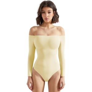 imageSUUKSESS Women Off the Shoulder Long Sleeve Bodysuit Double Lined Thong BodysuitButter Yellow