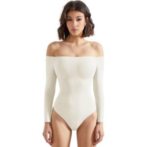 imageSUUKSESS Women Off the Shoulder Long Sleeve Bodysuit Double Lined Thong BodysuitCream White