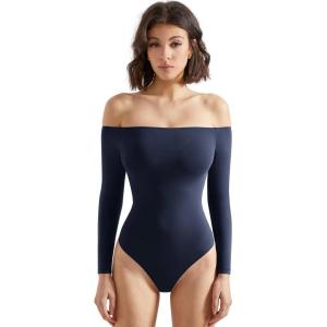 imageSUUKSESS Women Off the Shoulder Long Sleeve Bodysuit Double Lined Thong BodysuitNavy Blue