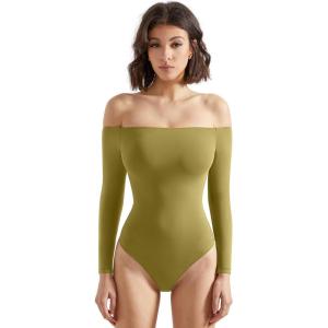 imageSUUKSESS Women Off the Shoulder Long Sleeve Bodysuit Double Lined Thong BodysuitOlive