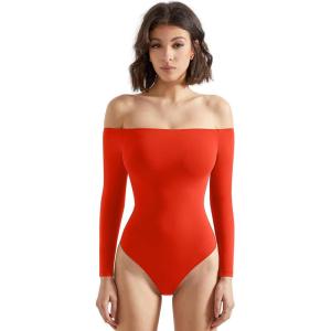imageSUUKSESS Women Off the Shoulder Long Sleeve Bodysuit Double Lined Thong BodysuitRed