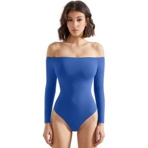 imageSUUKSESS Women Off the Shoulder Long Sleeve Bodysuit Double Lined Thong BodysuitRoyal Blue