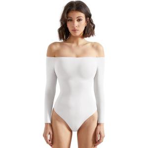 imageSUUKSESS Women Off the Shoulder Long Sleeve Bodysuit Double Lined Thong BodysuitSnow White