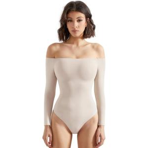 imageSUUKSESS Women Off the Shoulder Long Sleeve Bodysuit Double Lined Thong BodysuitStone