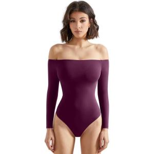 imageSUUKSESS Women Off the Shoulder Long Sleeve Bodysuit Double Lined Thong BodysuitViolet