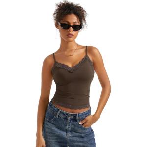 imageSUUKSESS Women Padded Lace Double Lined Tank Tops Sexy V Neck Summer Going Out TopBrown