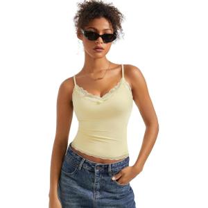 imageSUUKSESS Women Padded Lace Double Lined Tank Tops Sexy V Neck Summer Going Out TopPale Yellow