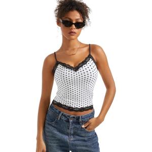 imageSUUKSESS Women Padded Lace Double Lined Tank Tops Sexy V Neck Summer Going Out TopPulka Dots White