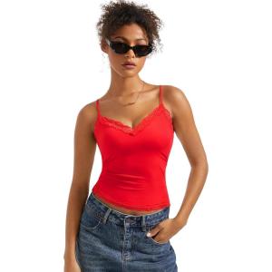 imageSUUKSESS Women Padded Lace Double Lined Tank Tops Sexy V Neck Summer Going Out TopRed