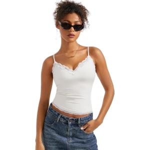imageSUUKSESS Women Padded Lace Double Lined Tank Tops Sexy V Neck Summer Going Out TopWhite