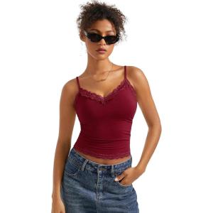 imageSUUKSESS Women Padded Lace Double Lined Tank Tops Sexy V Neck Summer Going Out TopWine Red