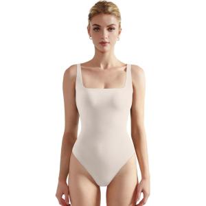imageSUUKSESS Women Sexy Square Neck Thong Bodysuit Backless Sleeveless Tank TopsLvory Apricot