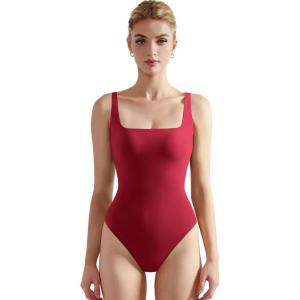 imageSUUKSESS Women Sexy Square Neck Thong Bodysuit Backless Sleeveless Tank TopsWine Red