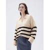 imageSUUKSESS Women Cashmere Oversized V Neck Pullover Sweaters Long Sleeve Collared Knit Jumper TopsWhite Black Stripe